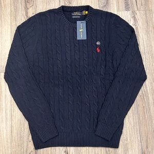 BRAND NEW MENS LARGE POLO NAVY WITH RED CREST KNIT SWEATER WITH TAGS
